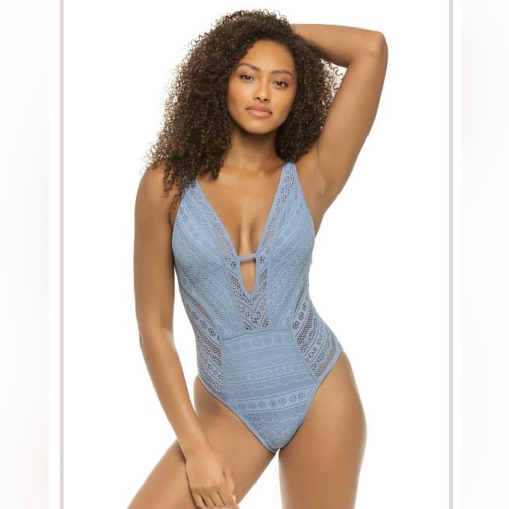 Show & Tell Plunge Blue One Piece Swimsuit By Becca